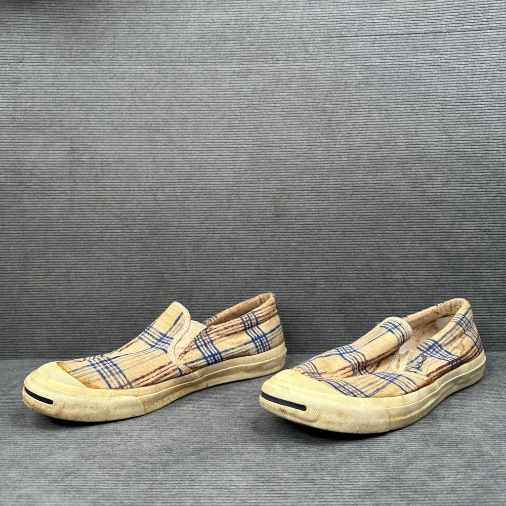 Converse Jack Purcell Mens 10 Slip On Plaid Tan Blue Textile Sneakers 1Q2811